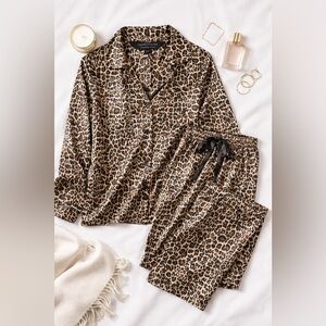 Alexander Del Rossa Leopard Satin Pajama Set XS Animal Print Lounge